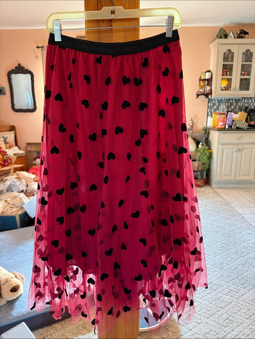 Wish Red Midi Tulle Skirt with Black Heart Print